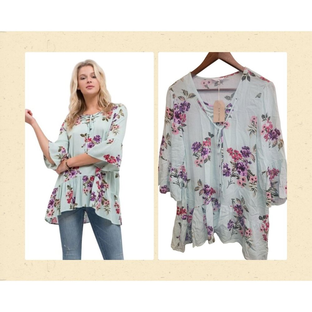 Blu Pepper Floral Tunic‎ Top W/ Lace-Up Neckline & Ruffle Hem Light Blue Large